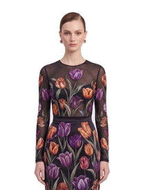 Tulip Print Sheer Long-Sleeve Top - Black