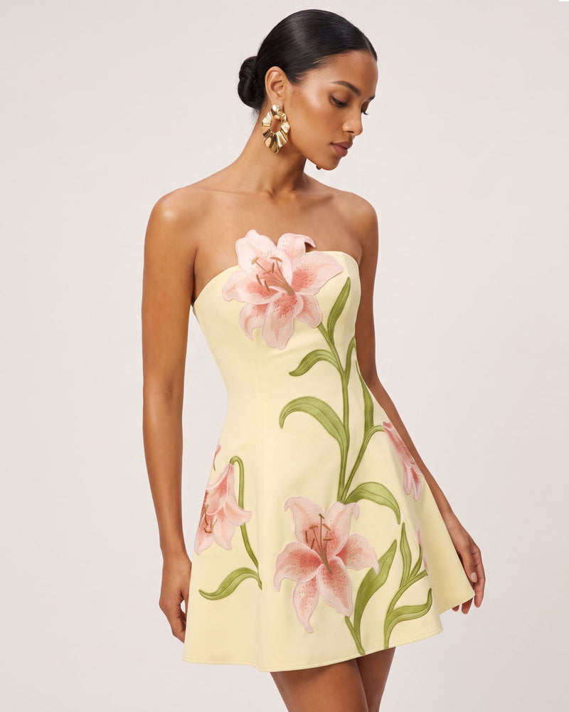 Lily Floral Print Strapless A-Line Mini Dress - Light Yellow