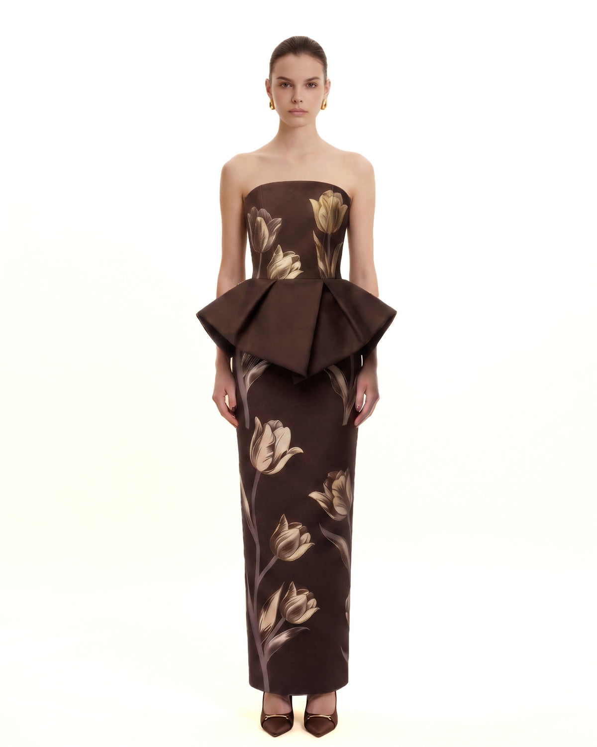 Tulip Floral Peplum Strapless Maxi Dress - Brown