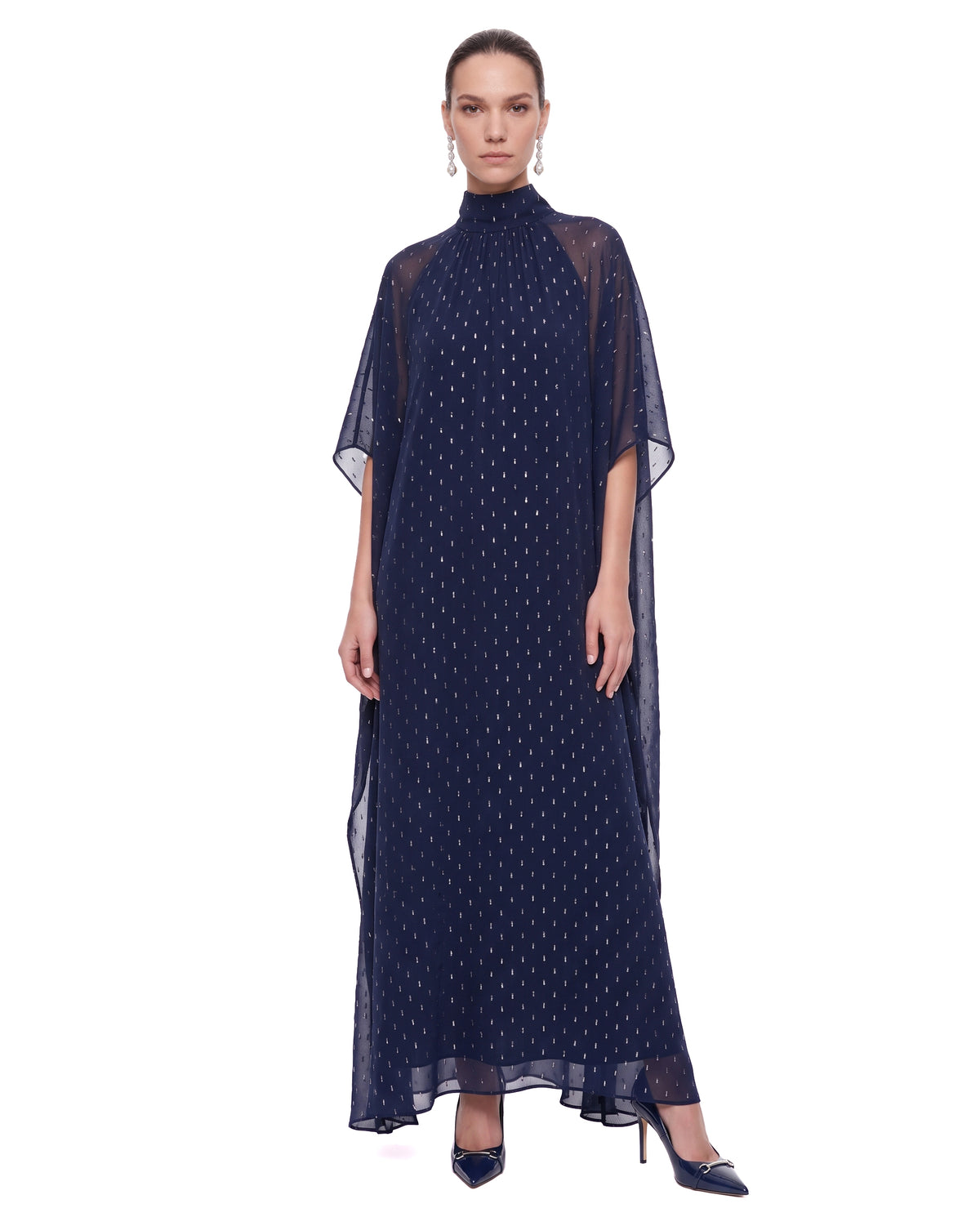 Embellished Sheer Cape Maxi Dress - Navy