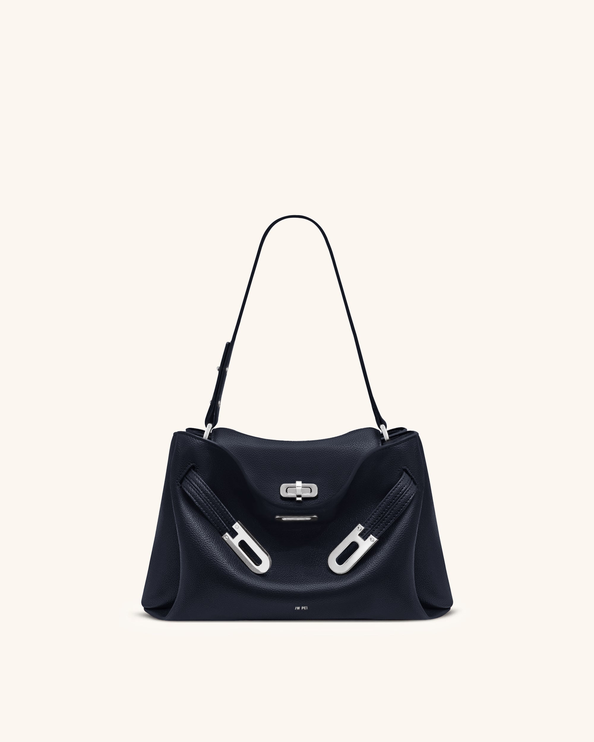 Rhea Pebbled Double Buckle Shoulder Bag - Navy Blue