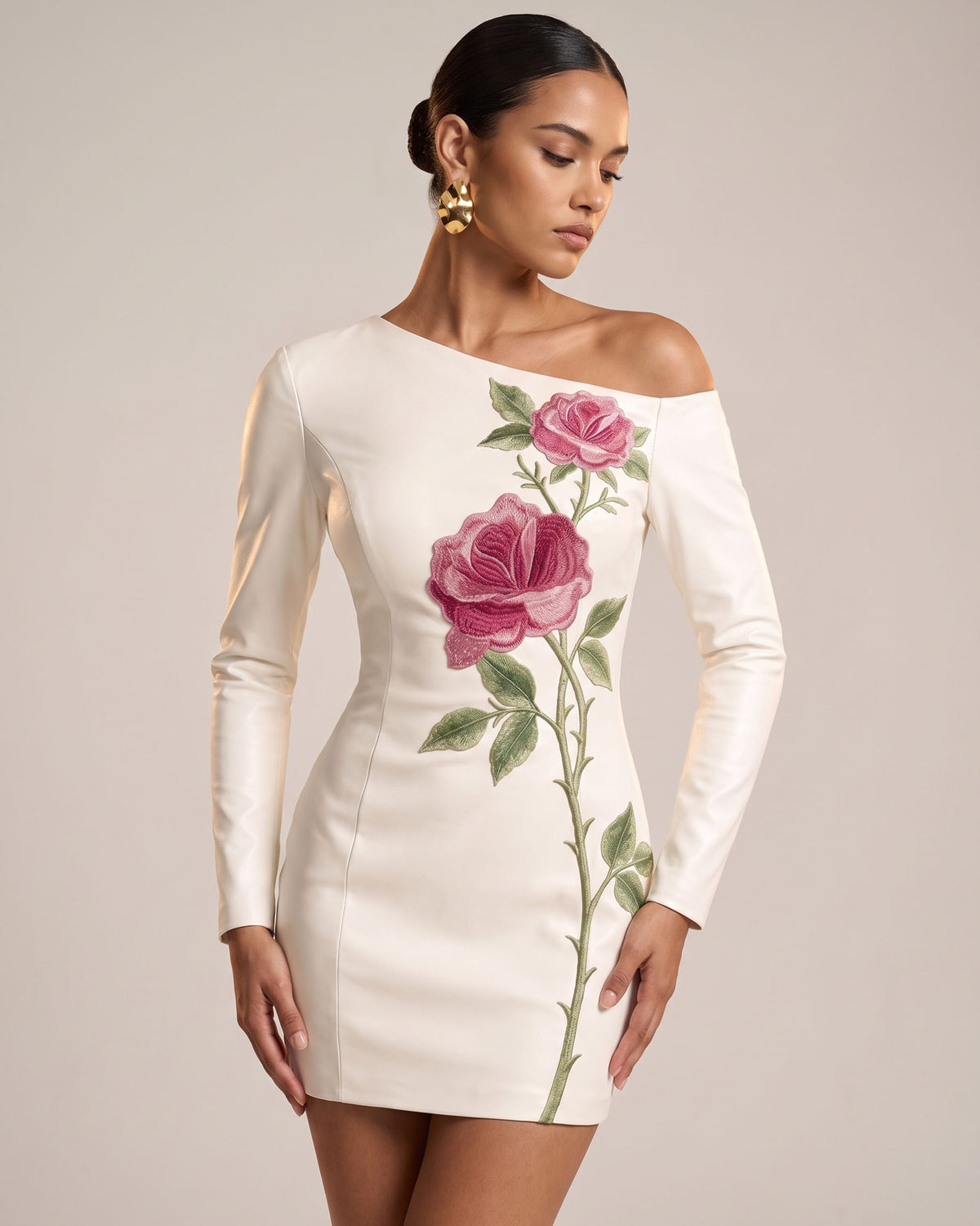 Rose Embroidered One-Shoulder MiniDress - Pure White