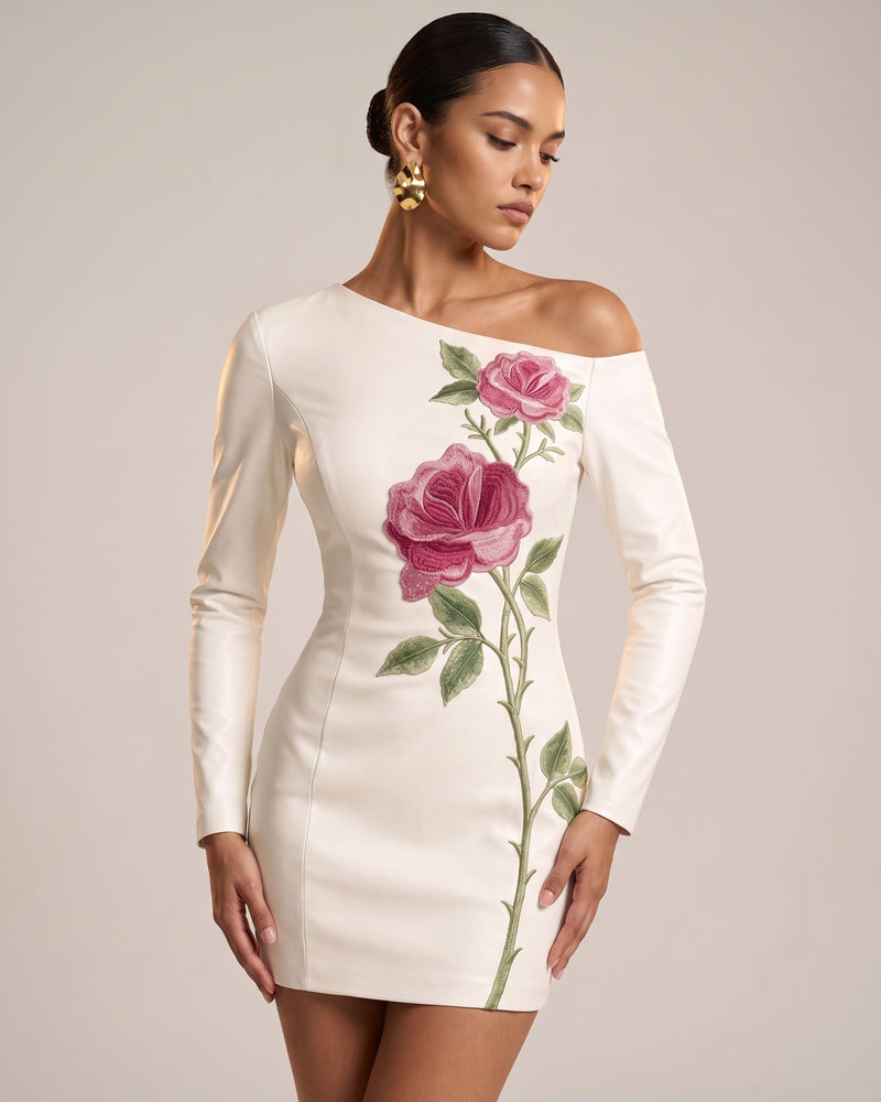 Rose Embroidered One-Shoulder MiniDress - Pure White