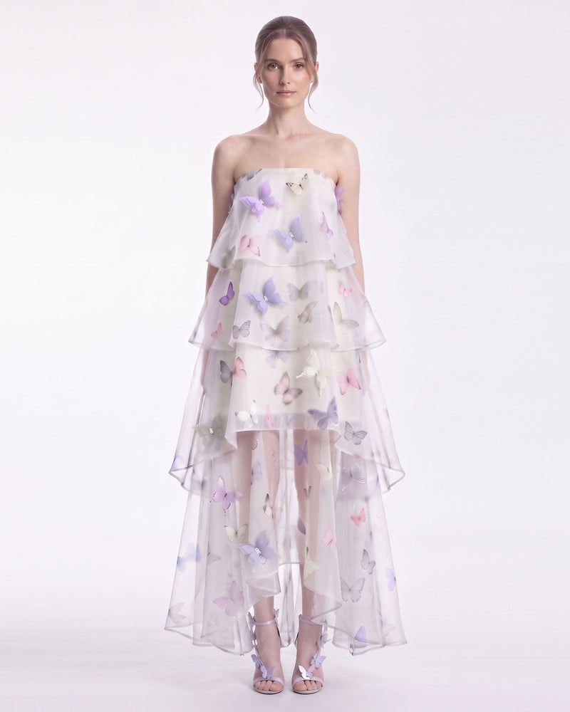 Butterfly Appliqué Tiered Strapless High-Low Dress - Ivory