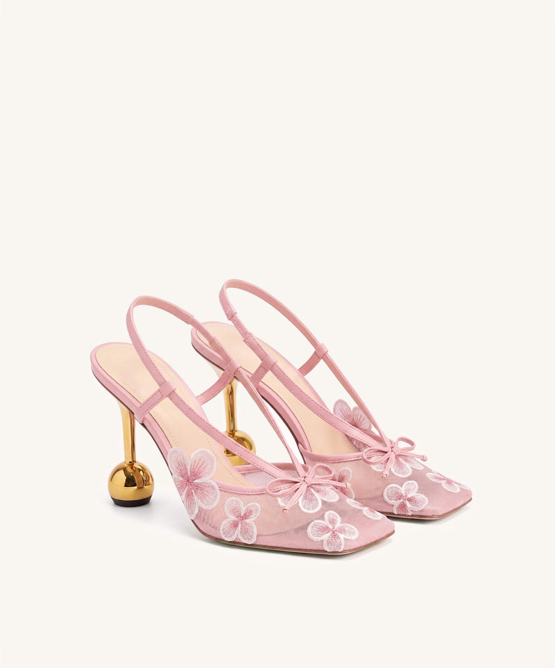 Mireille Floral Embroidered Bow Slingback Pumps - Blush Pink