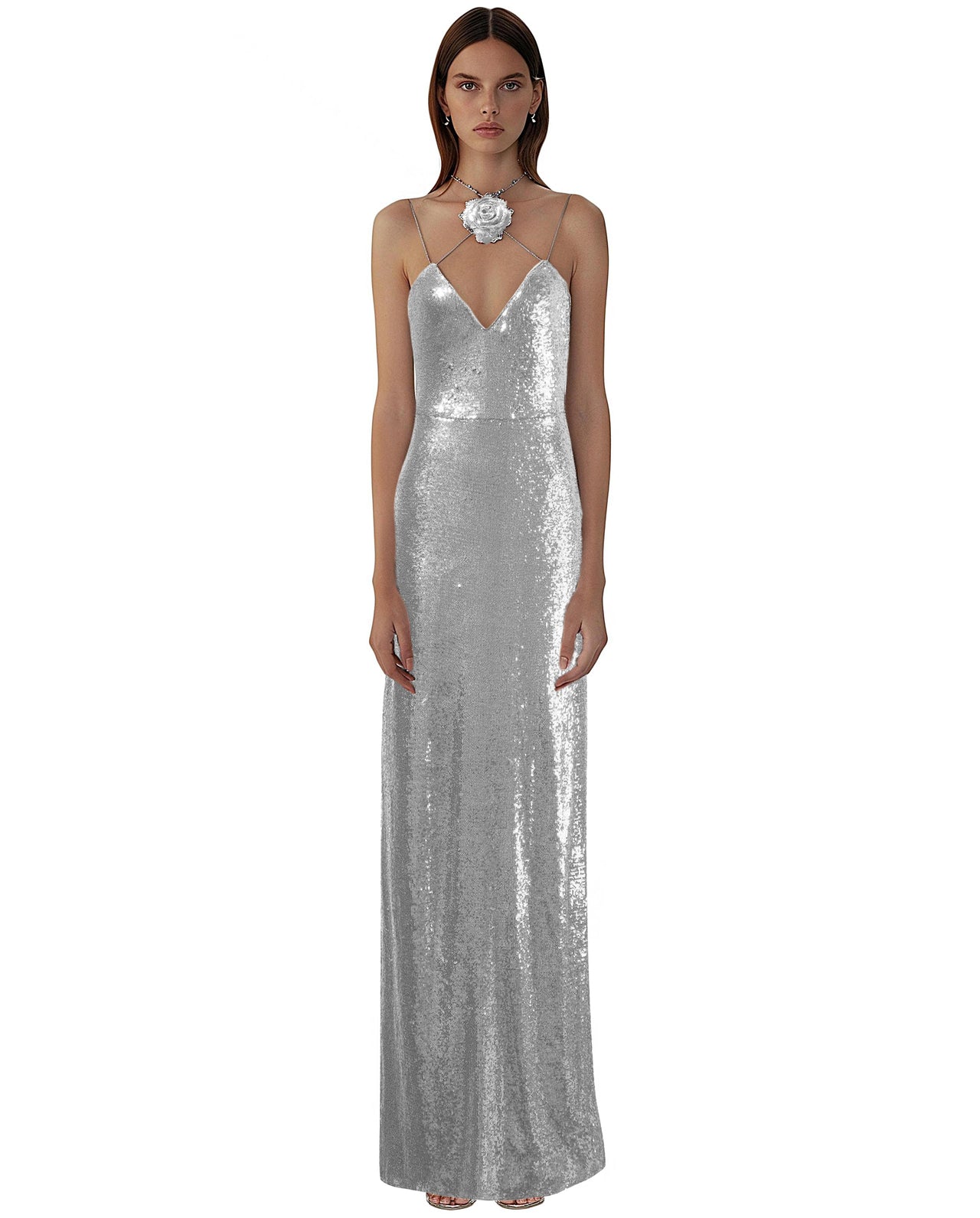 Heisey Silver Sequinned Rosette Maxi Dress - Silver