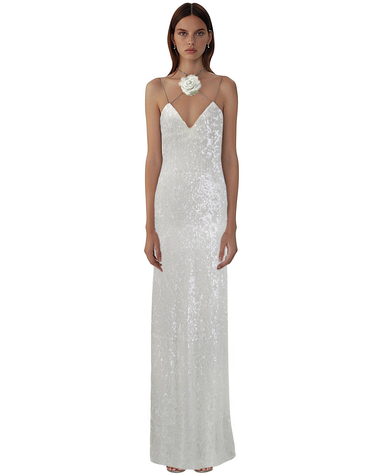 Heisey White Sequinned Rosette Maxi Dress - White