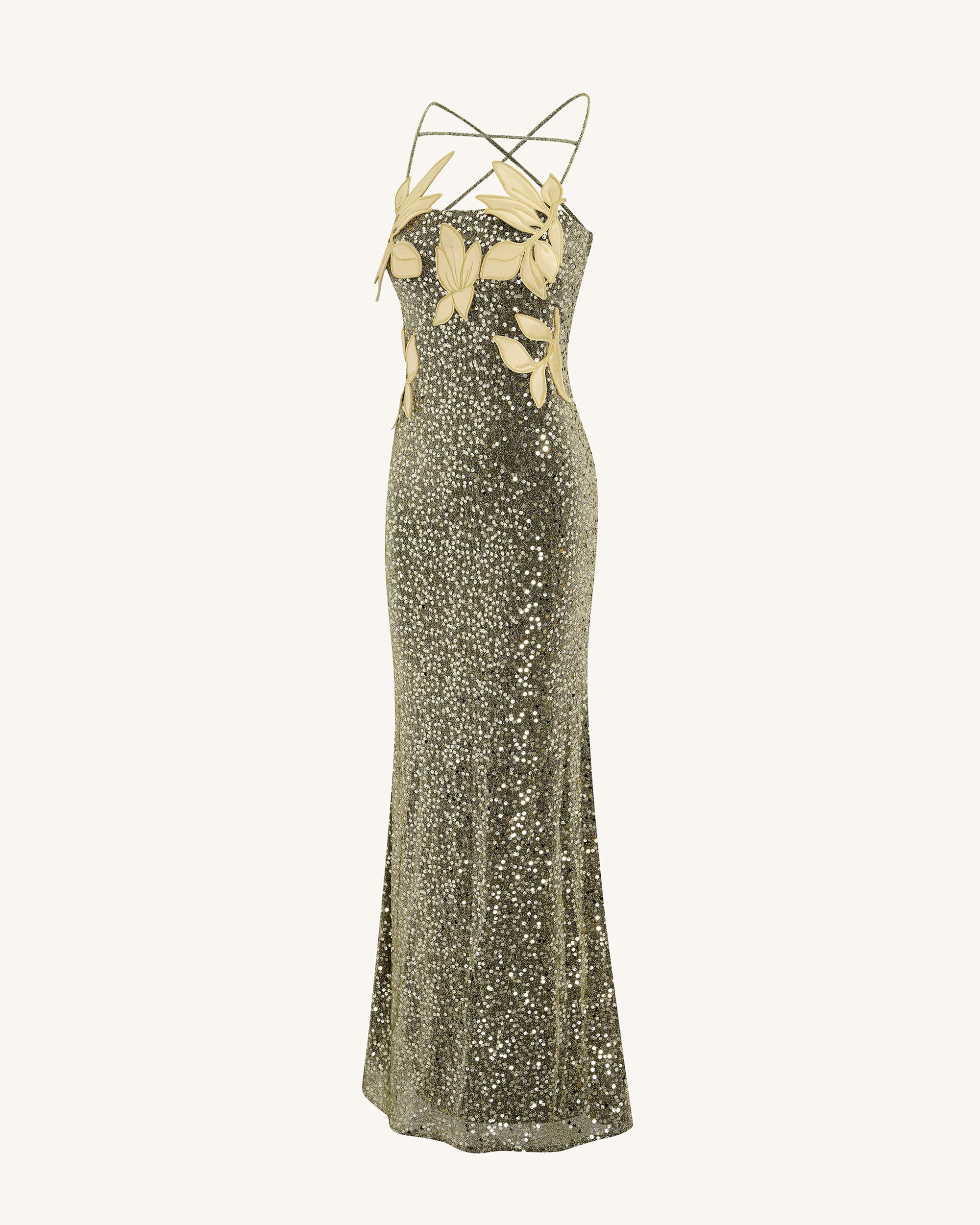 Araminta Sequined Gown with Floral Details - Gold