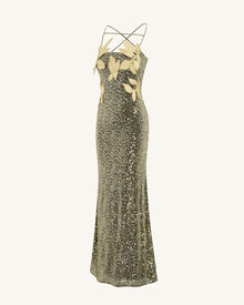 Araminta Sequined Gown with Floral Details - Gold