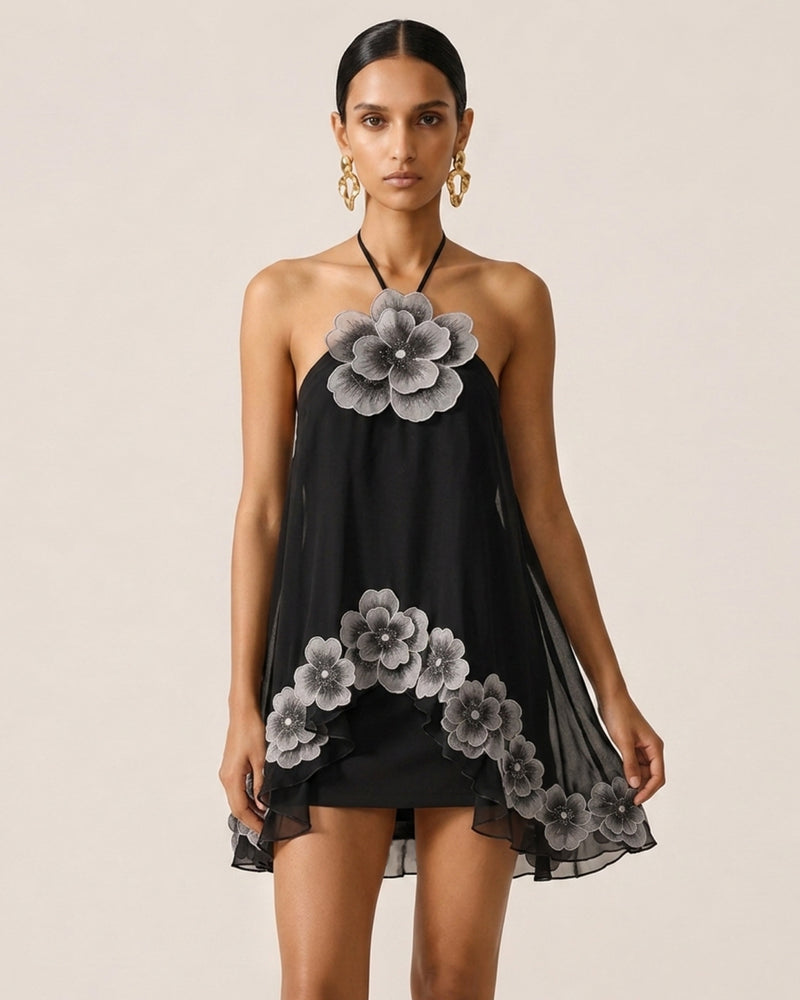 Floral Embroidered High-Low Halter Top - Black