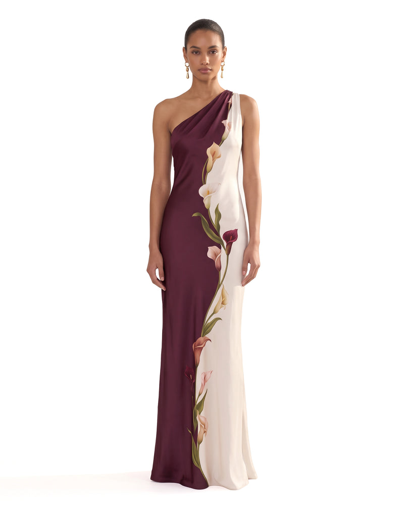 Calla Lily Printed One-Shoulder Satin Maxi Dress - Plum