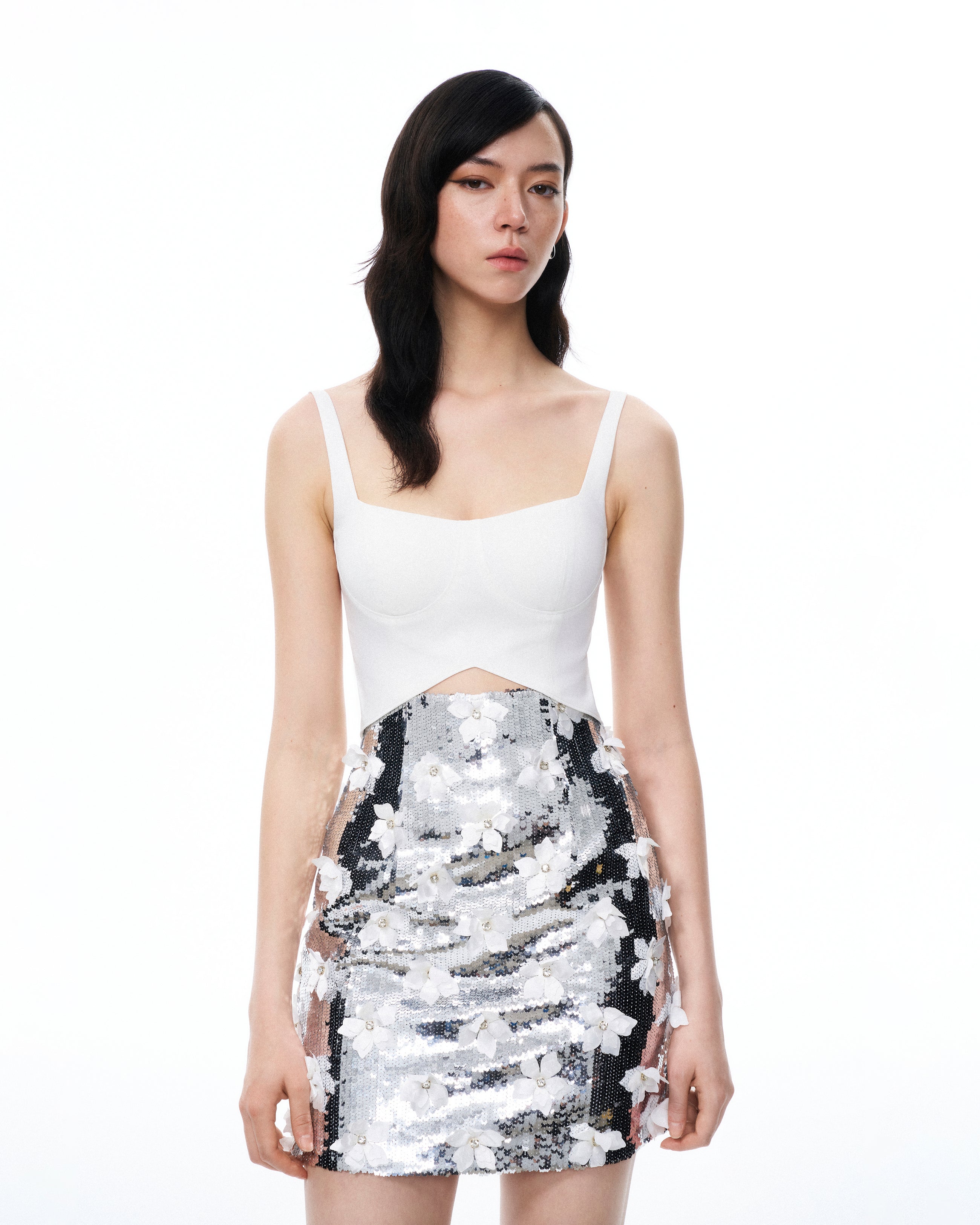 Arabella 3D Floral Sequin Embroidered Mini Dress - White