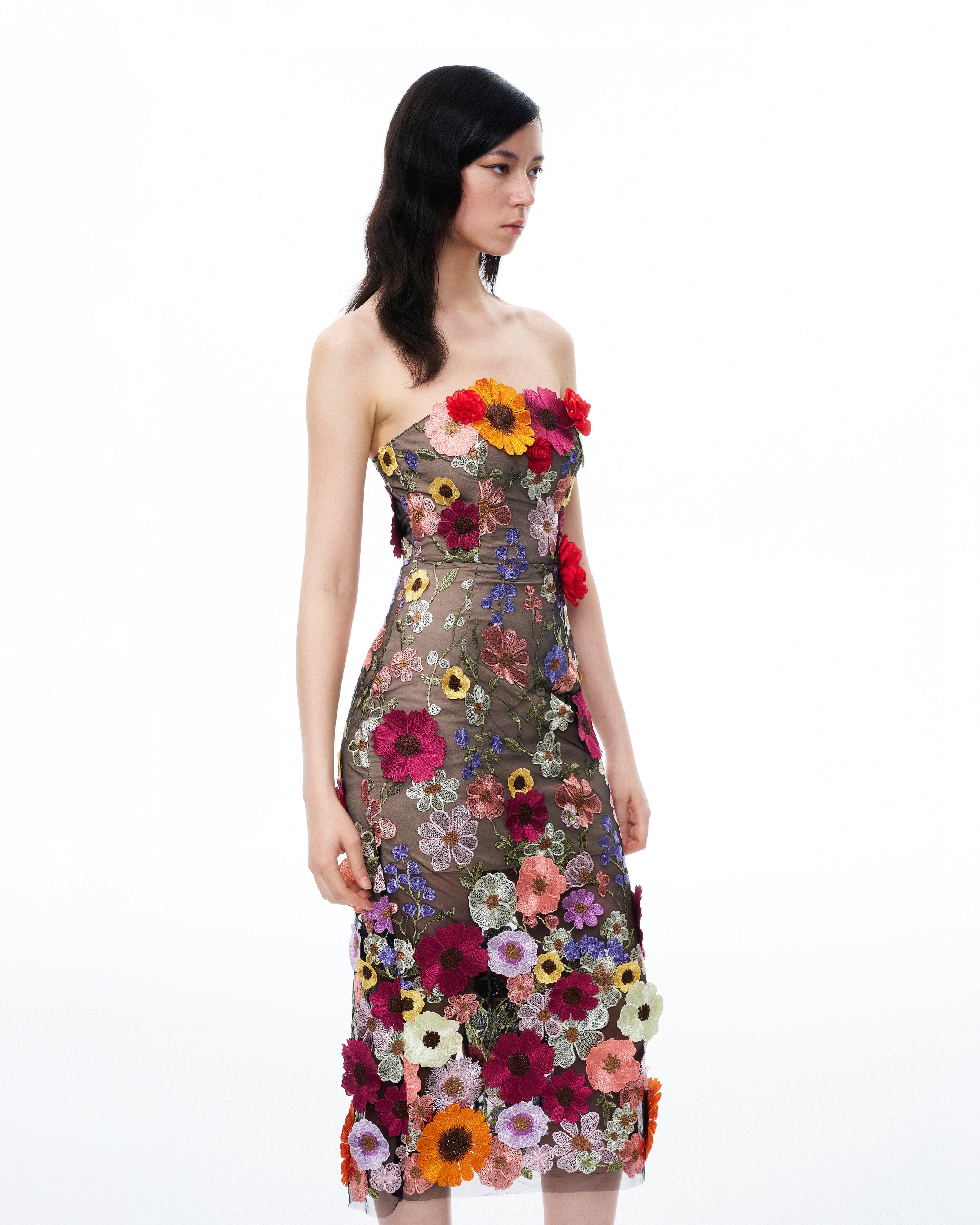 Isolde 3D Floral Embroidered Maxi Dress - Black Multi