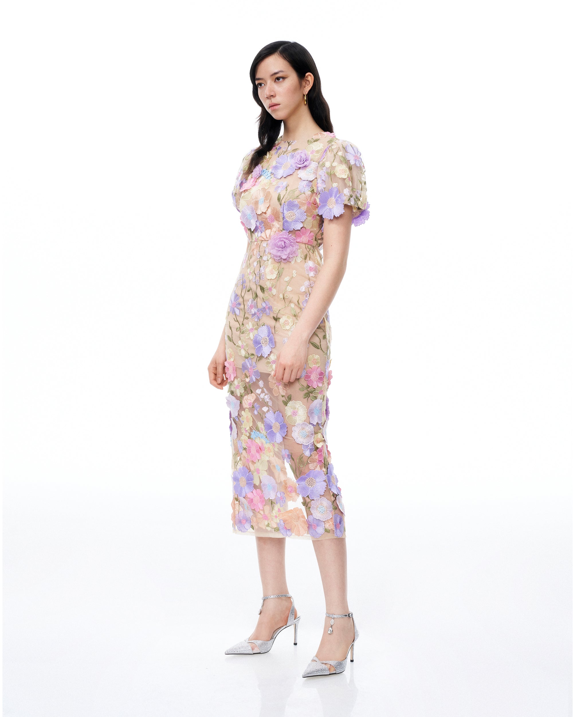 Alaric Round Neck 3D Floral Embroidered Maxi Dress - Pastel Multi