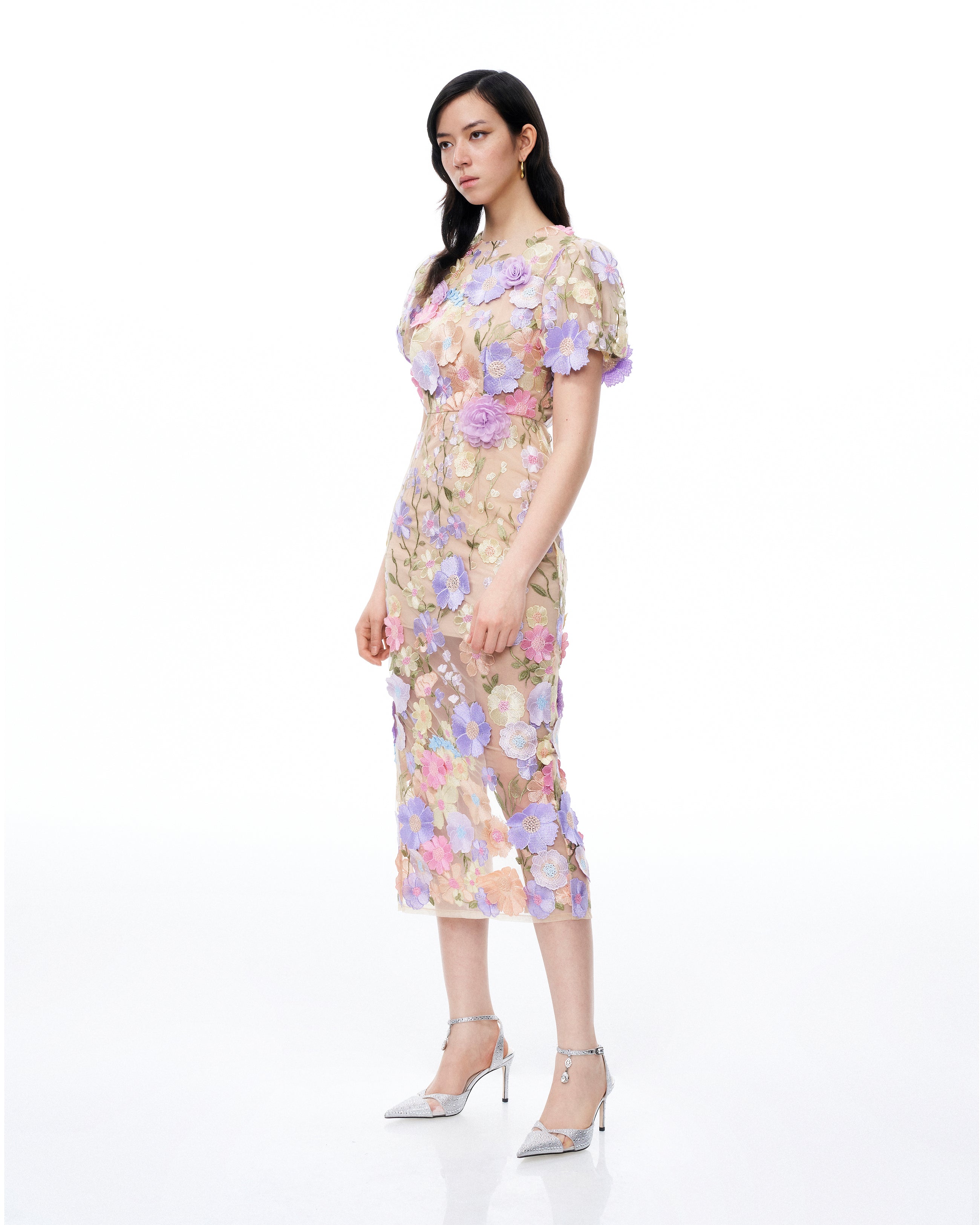 Alaric Round Neck 3D Floral Embroidered Maxi Dress - Pastel Multi