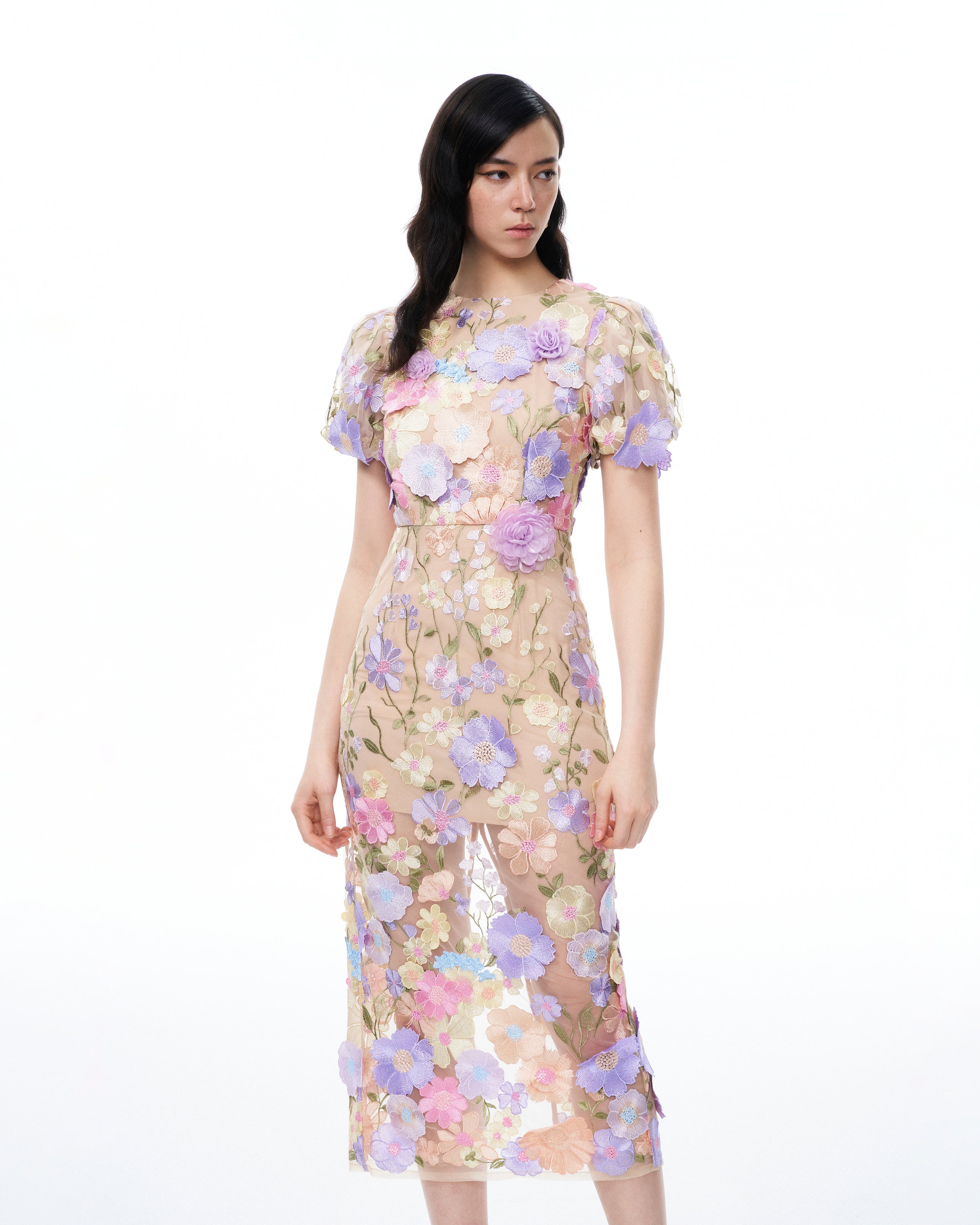 Alaric Round Neck 3D Floral Embroidered Maxi Dress - Pastel Multi