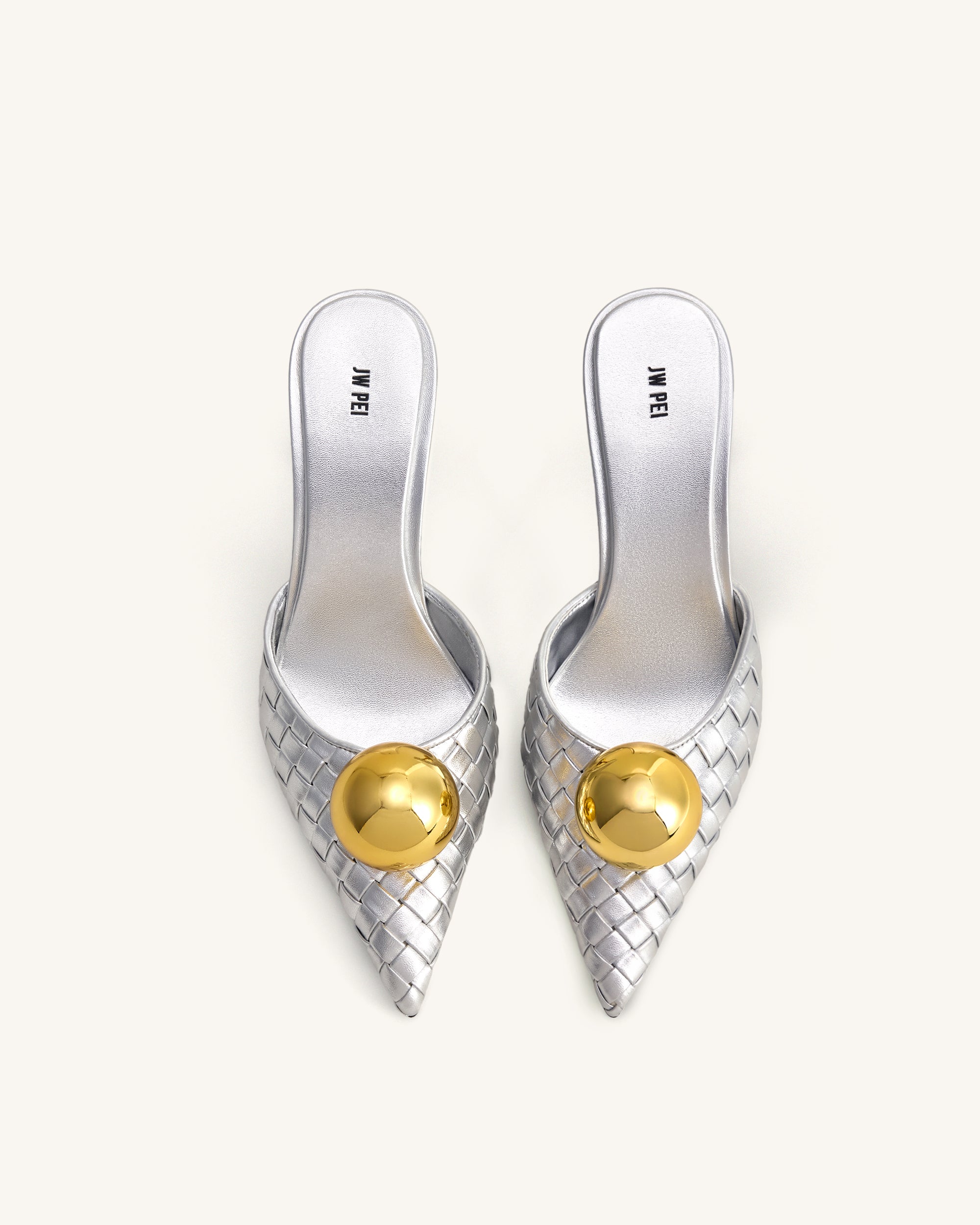 Sofia Woven Sphere Heel Mules - Silver & Gold