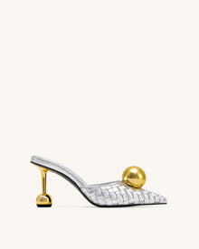 Sofia Woven Sphere Heel Mules - Silver & Gold