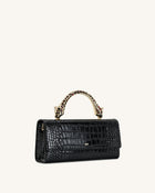Maya Leopard-Shaped Hardware Handle Top Handle Bag - Black Croc