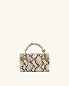 Cleo Snake-Embossed Box Shape Top Handle Bag - Beige