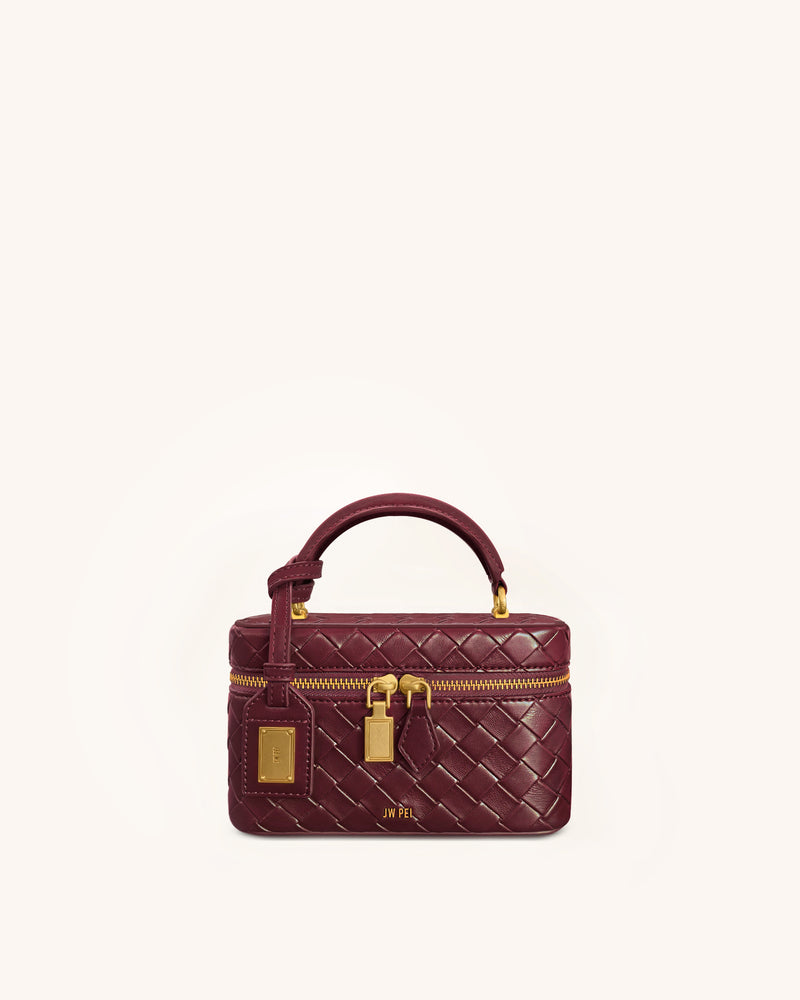 Cleo Woven Texture Box Shape Top Handle Bag - Claret