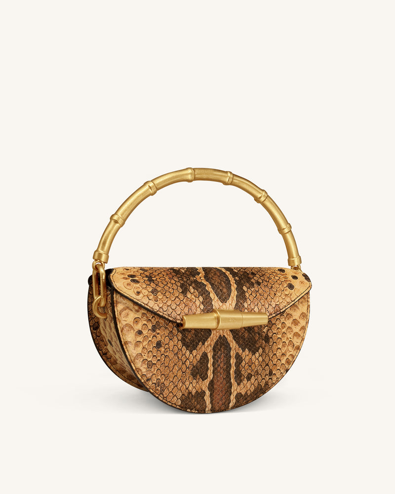 Sylvie Snake Print Half-Moon Top Handle Bag - Yellowish Brown