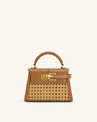 Elise Faux Bamboo Woven Top Handle Bag - Brown