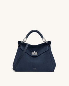 Lucia Classic Faux Suede Top Handle Bag - Navy Blue
