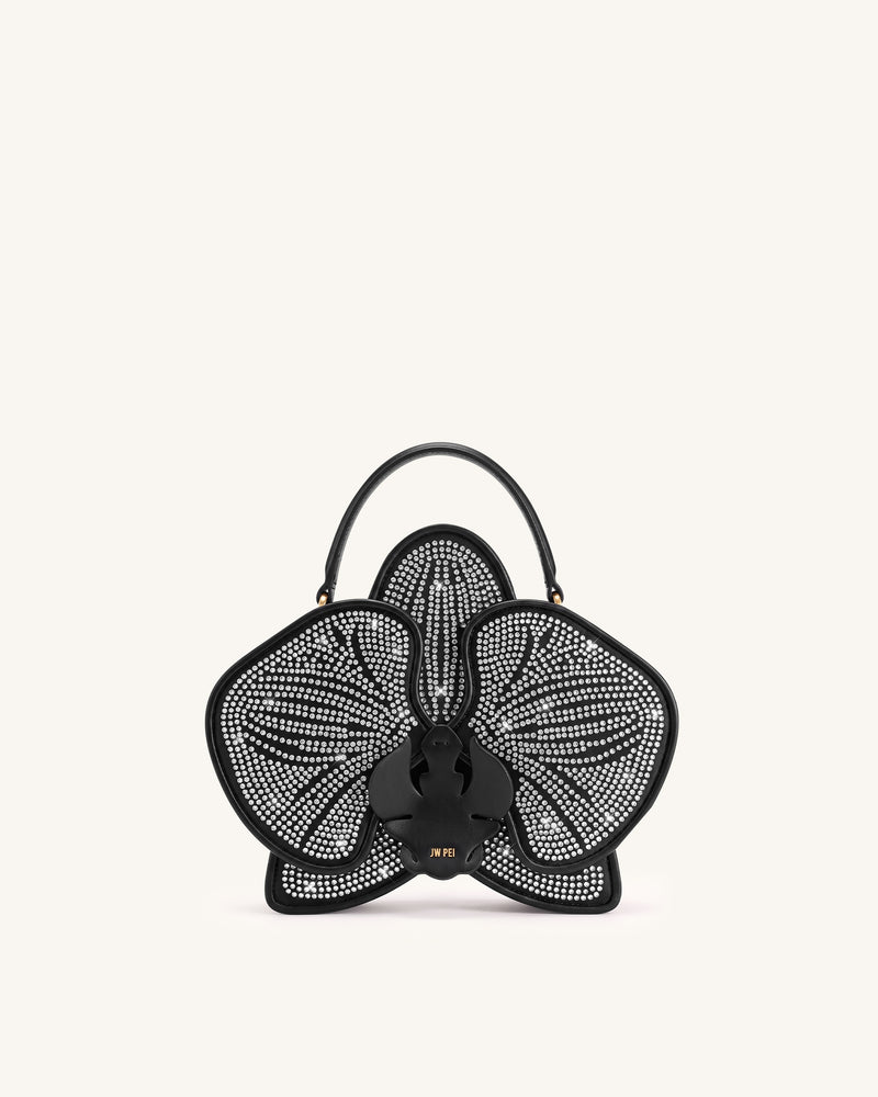 Flora Artificial Crystal Orchid ShapeD Top Handle Bag - Black