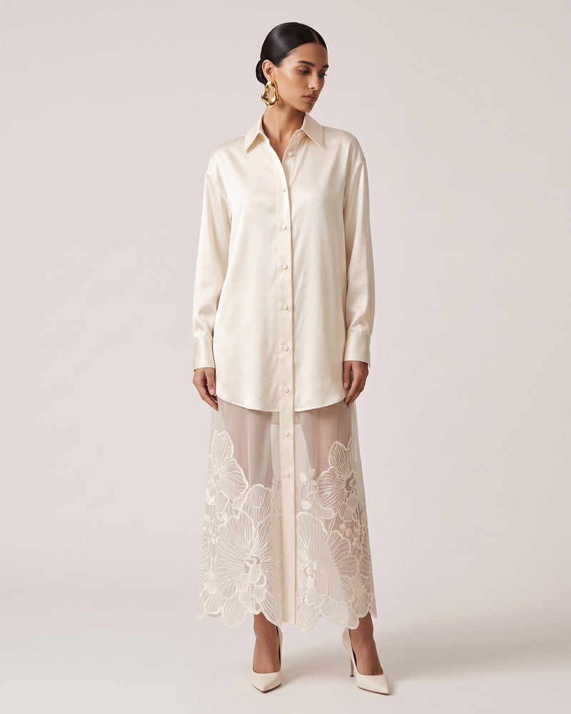 Satin Phalaenopsis Orchid Embroidery Long Shirt Dress - Ivory White