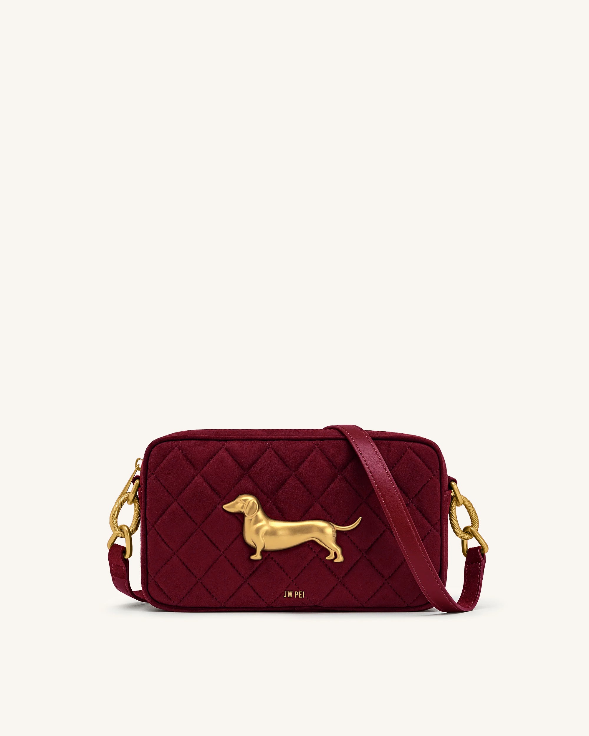 Riley Faux Suede Dachshund Quilted Shoulder Bag - Burgundy
