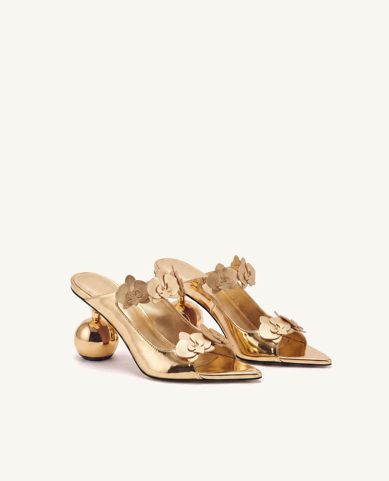 Rosalie Orchid Appliqué Sphere Heel Mules - Gold