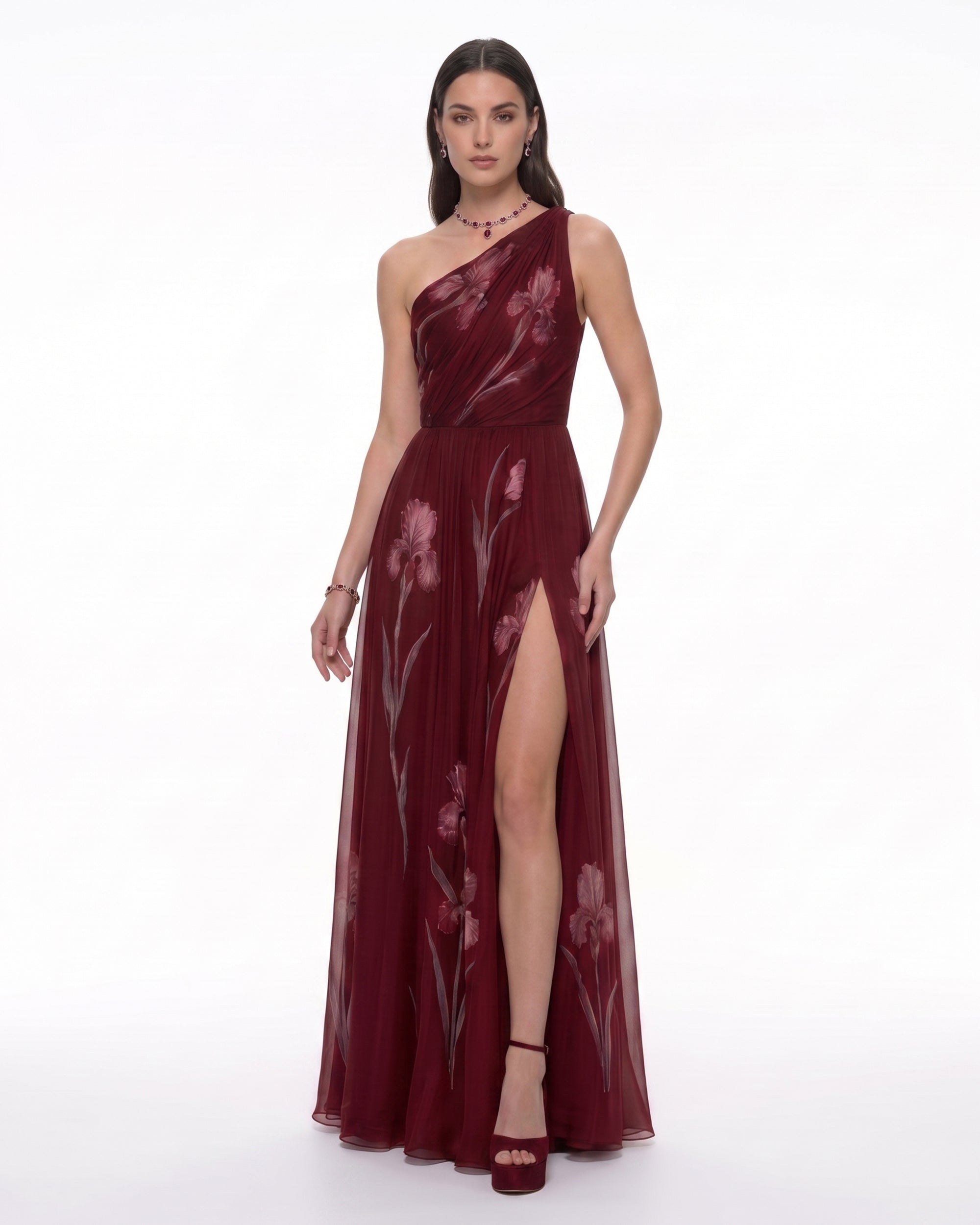 Floral One Shoulder Maxi Dress - Wine Red