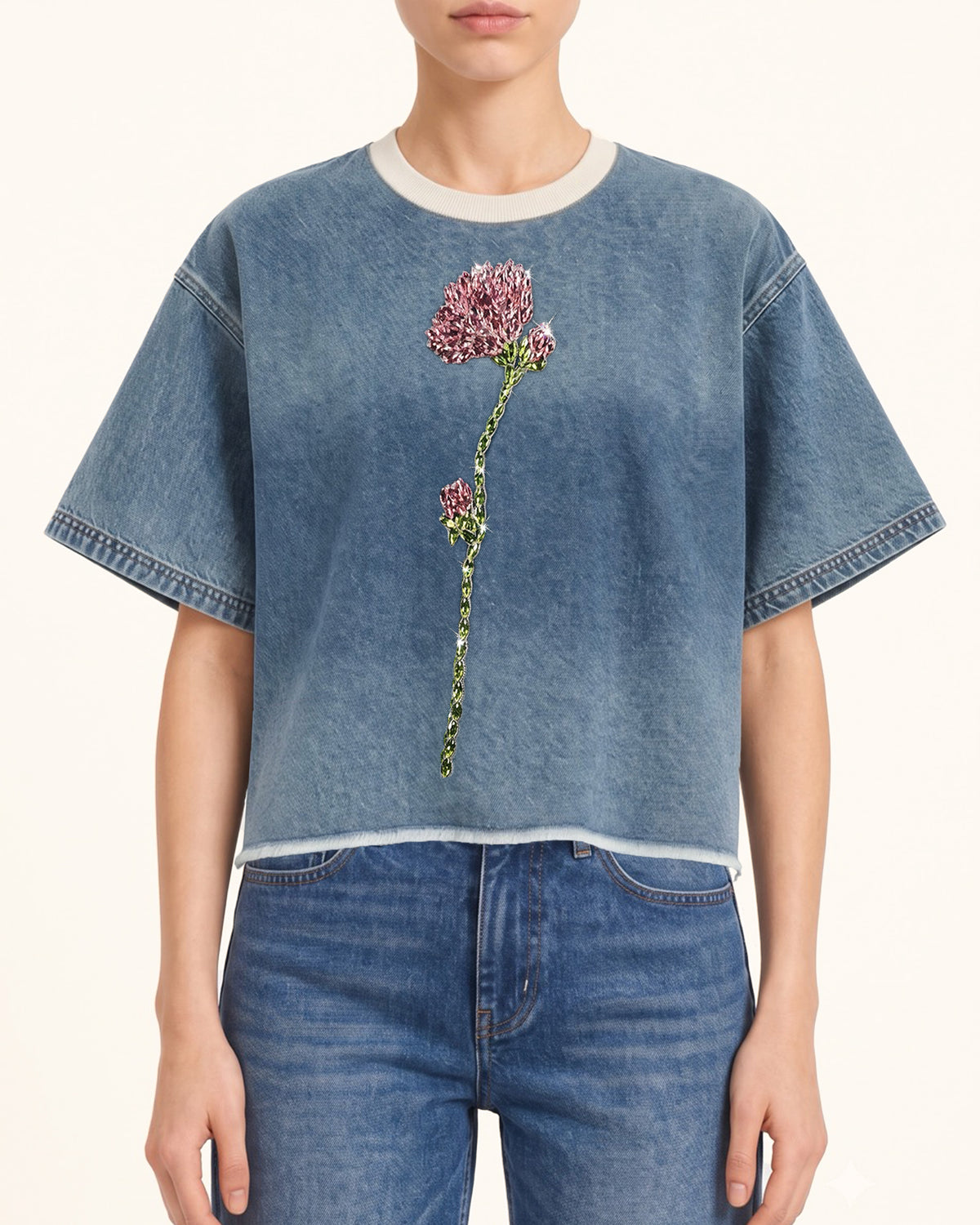Contrast Rib Denim Cropped Rhinestone Rose Tee - Washed Blue