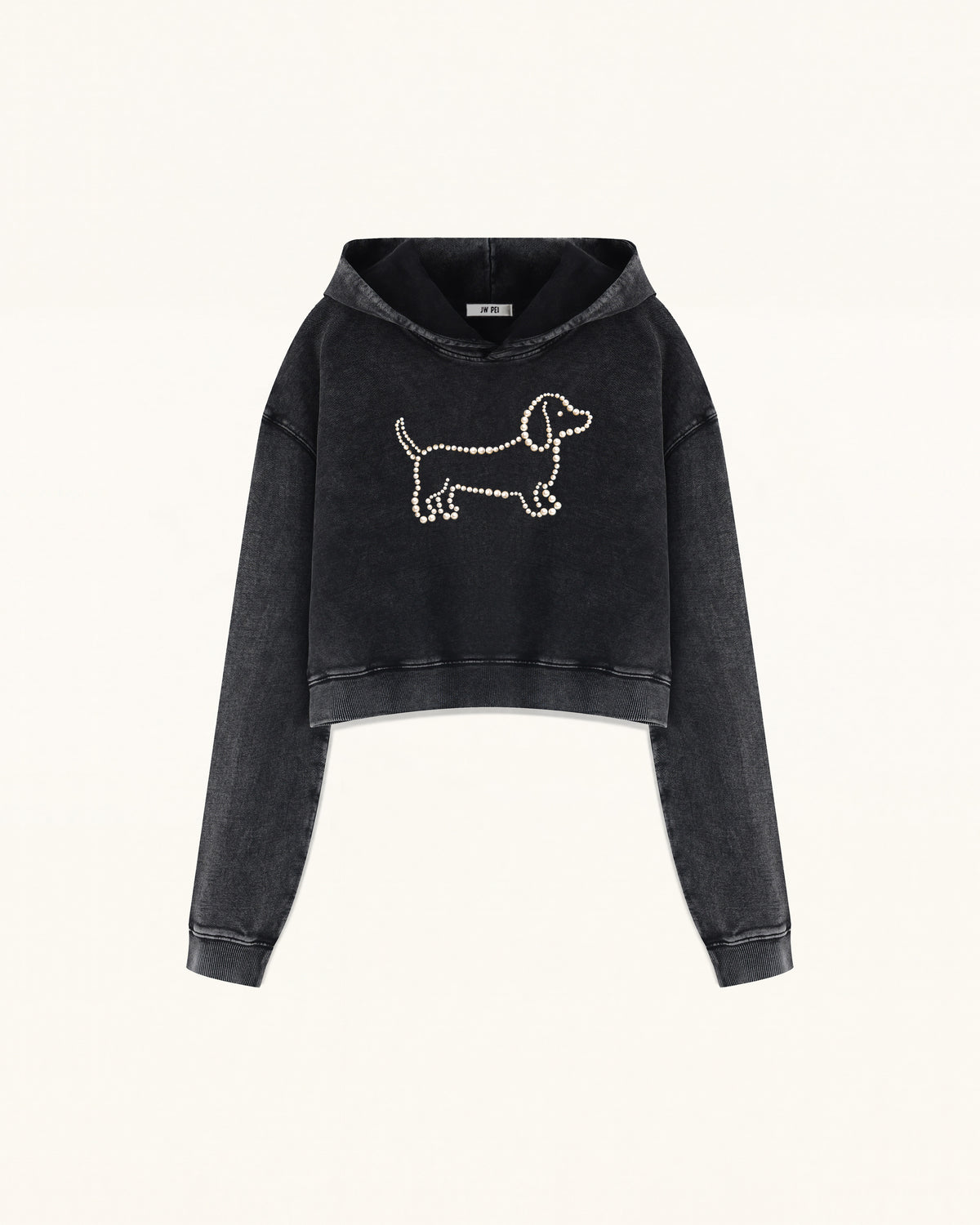 Pearl Outline Dachshund Cropped Hoodie - Acid Black