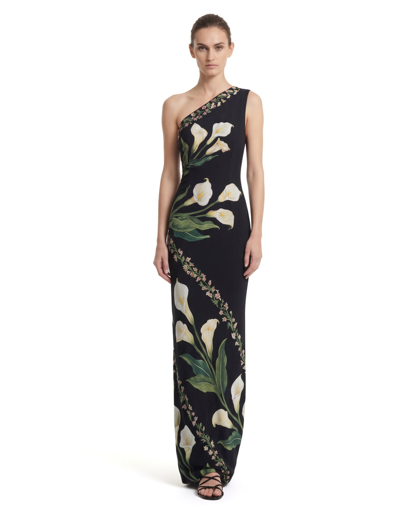 Calla Lily Printed One-Shoulder Fitted Maxi Dress - Black