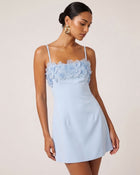 Flower Embroidered Trim Spaghetti Strap Mini Dress - Light Blue