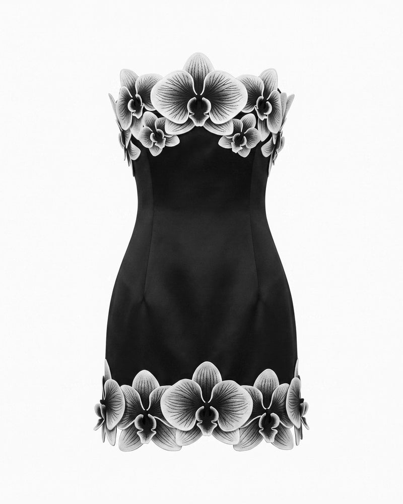 Orchid Trim Strapless Mini Dress - Black & White