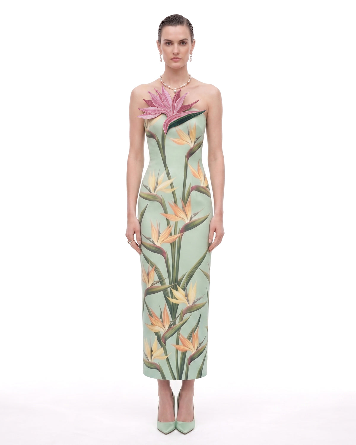 Bird of Paradise Appliqué Strapless Column Midi Dress - Light Mint