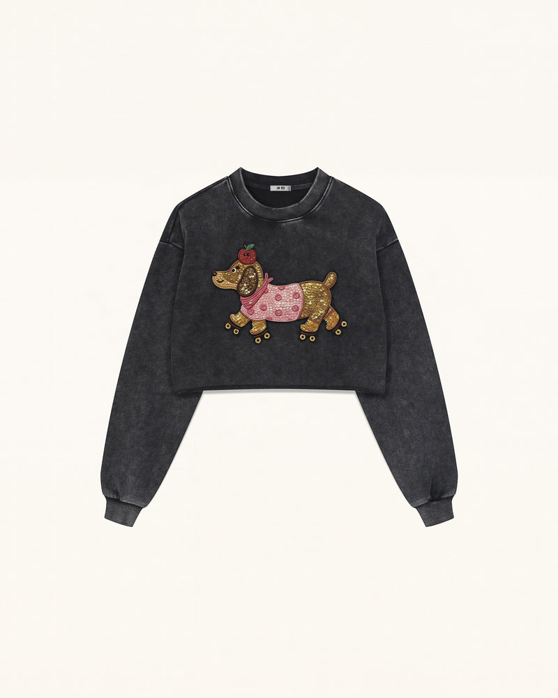 Whimsical Faux Embroidery Dachshund Sweatshirt - Black