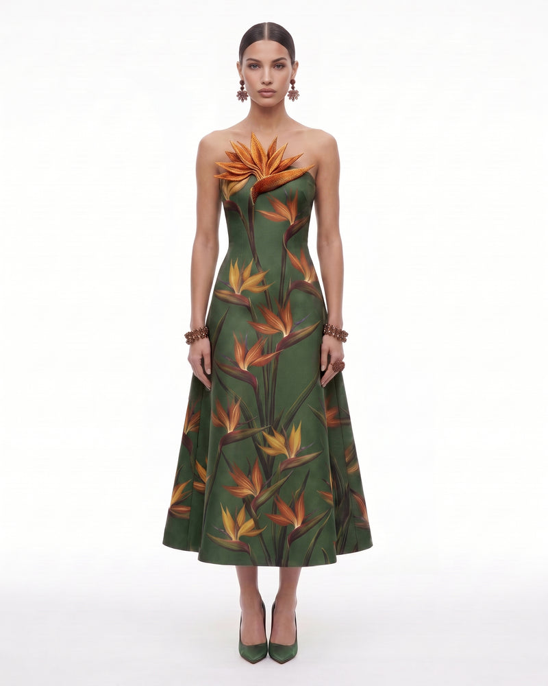 Bird of Paradise Appliqué Strapless A-Line Midi Dress - Green