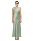 Calla Lily Embroidered Bow-Back Satin Maxi Dress - Sage Green