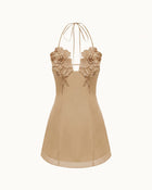 Flower Embroidered Mini Dress - Mocha Brown