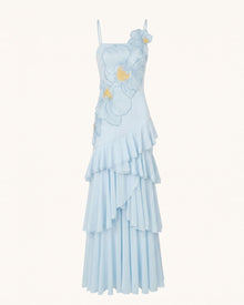 Orchid Embroidered Ruffled One-Shoulder Maxi Dress - Blue
