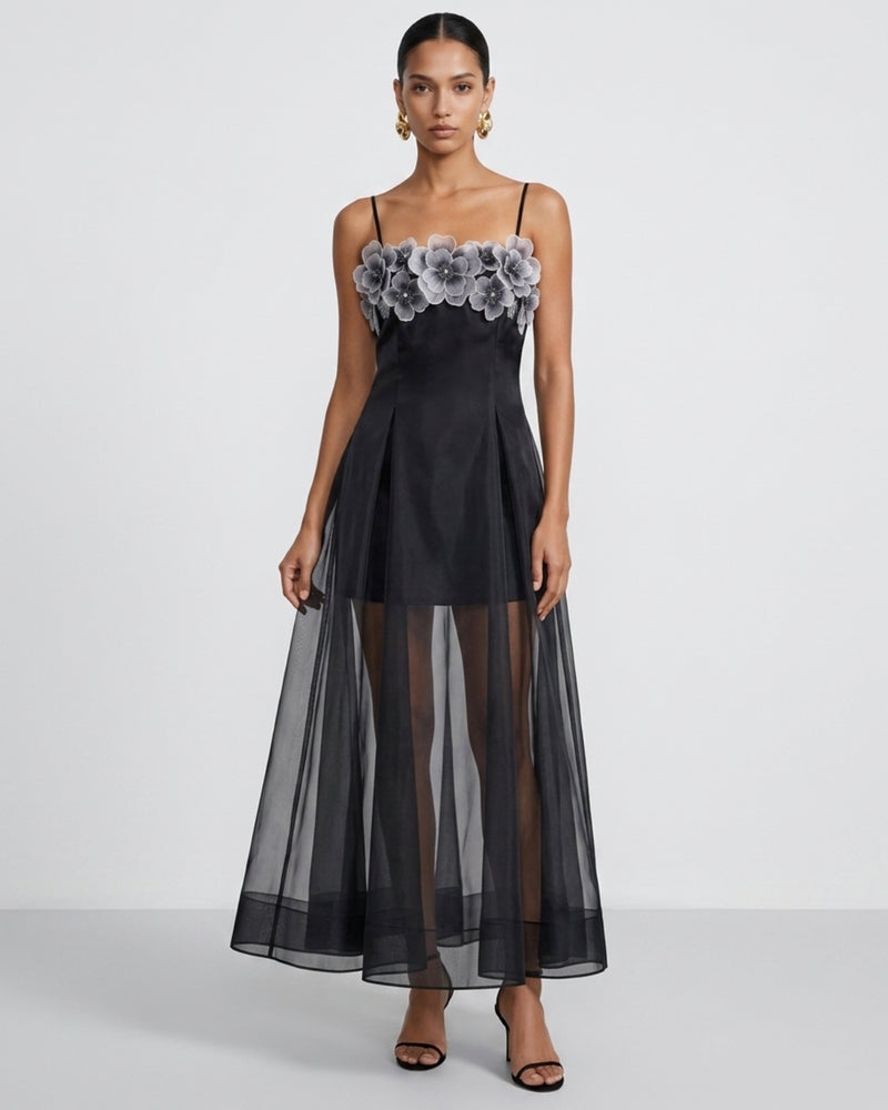 Floral Embroidered Sheer Layered Maxi Dress - Black