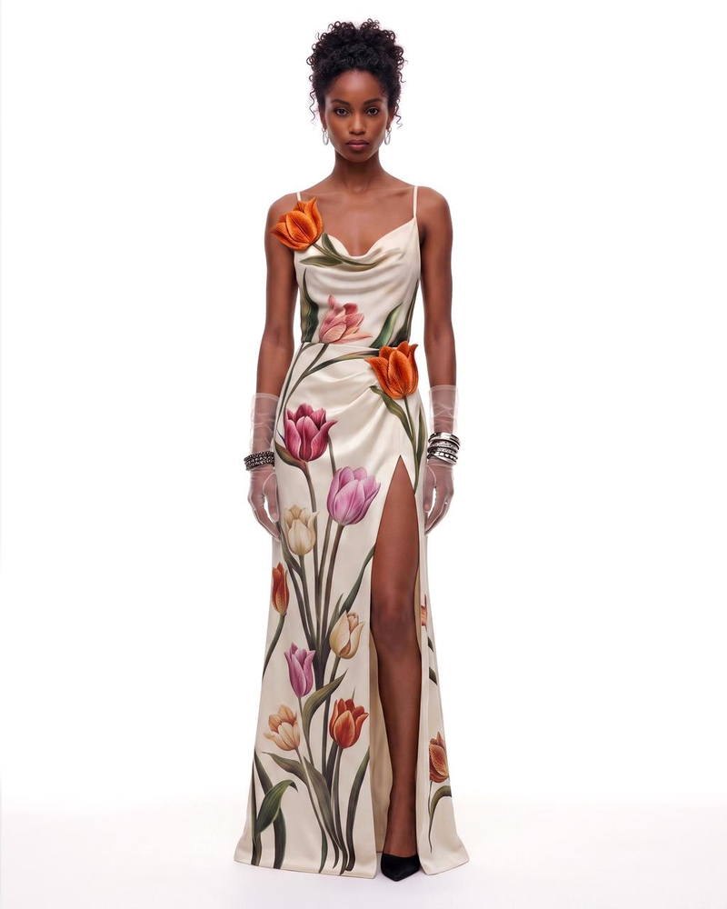 Tulip Floral Cowl-Neck Slit Maxi Dress - Ivory