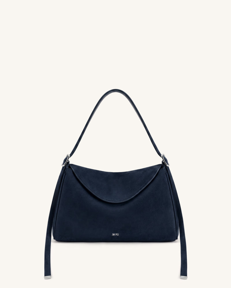 Elowen Faux Suede Flap Shoulder Bag - Navy Blue