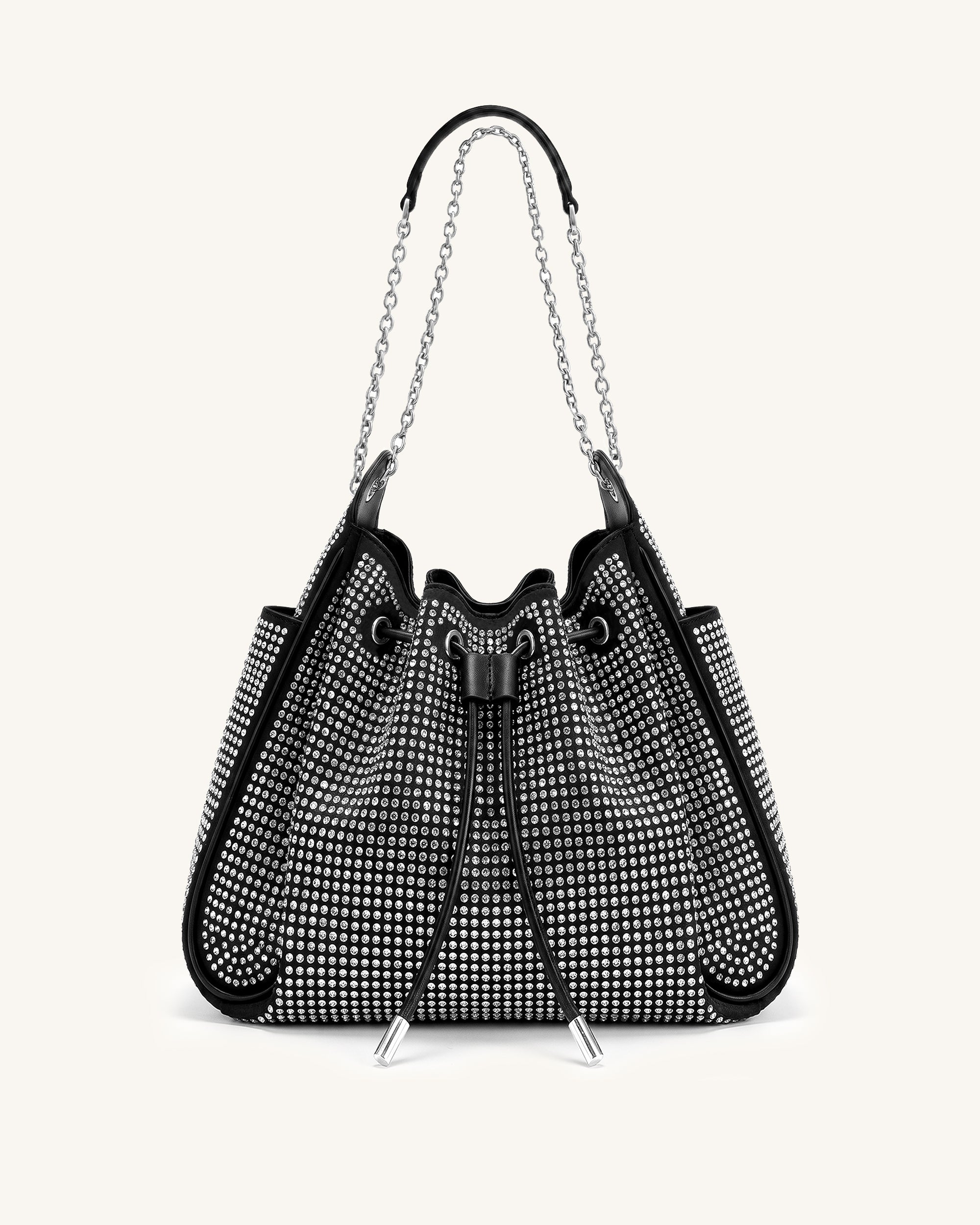 Rowan Artificial Crystal Ruched Drawstring Chain Bucket Bag - Ink Black