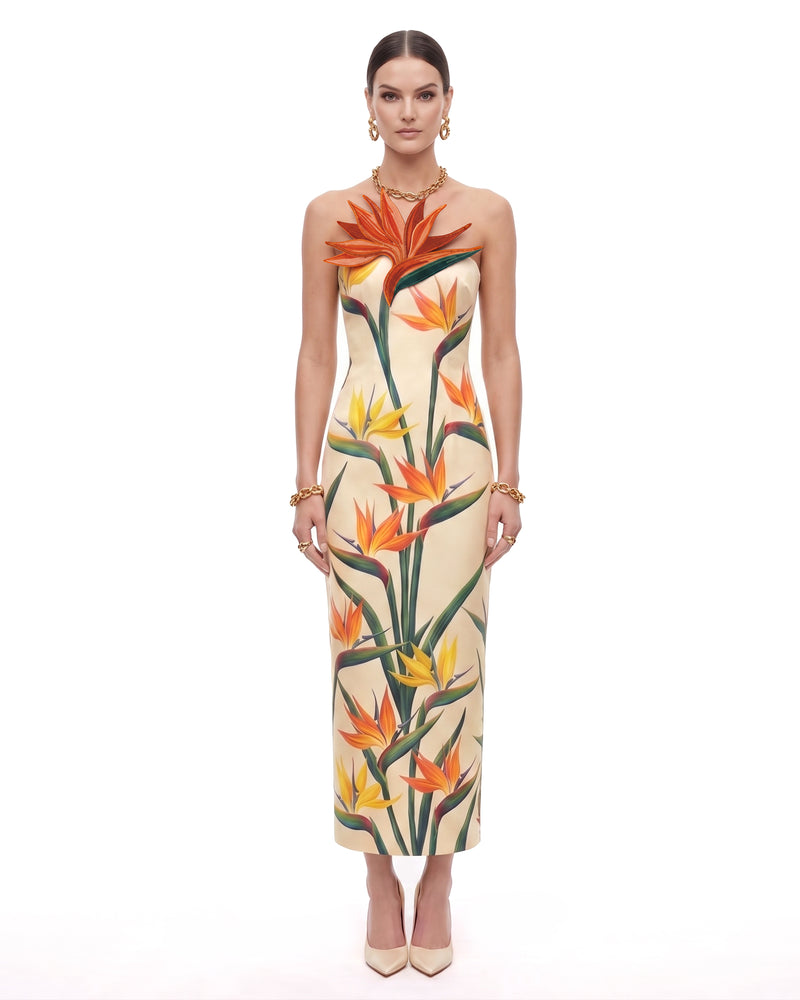 Bird of Paradise Appliqué Strapless Column Midi Dress - Light Yellow