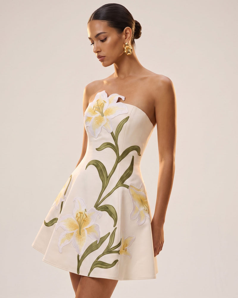 Lily Floral Print Strapless A-Line Mini Dress - White